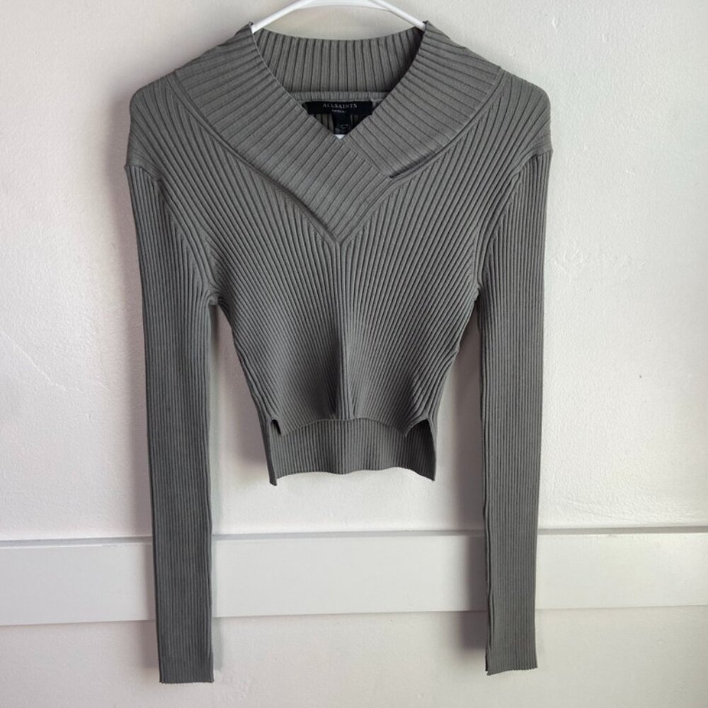 All Saints Grey Ribbed V-Neck Sweater - Picture 4 of 12